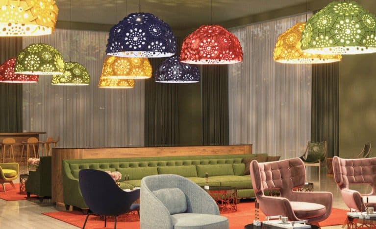 A well-lit room with different colored lamps 