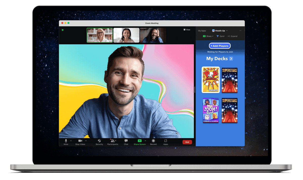 An open laptop shows an active Zoom call in which the person speaking has selected a colorful, abstract backdrop with shades of pink, blue and yellow.