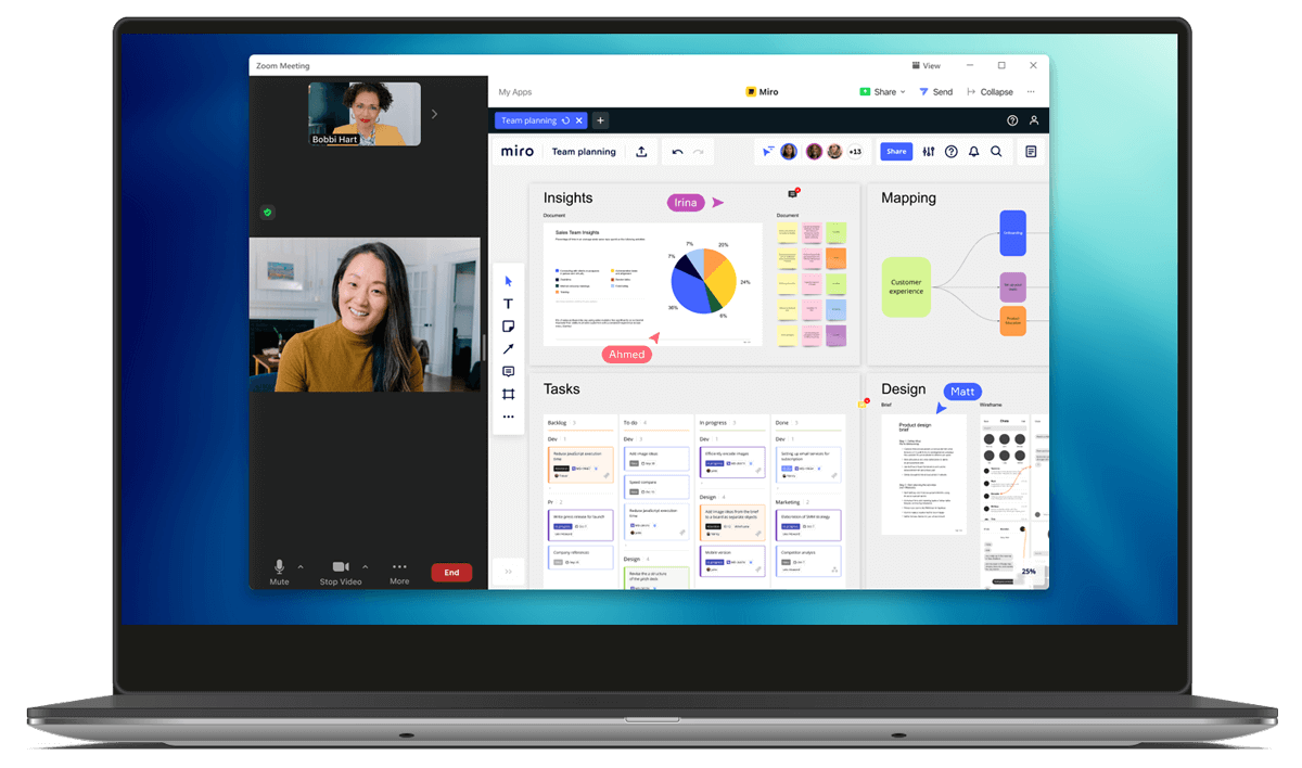 A laptop screen shows a Zoom call in which two women are speaking alongside an interactive dashboard, including insights, tasks, mapping and design sections.