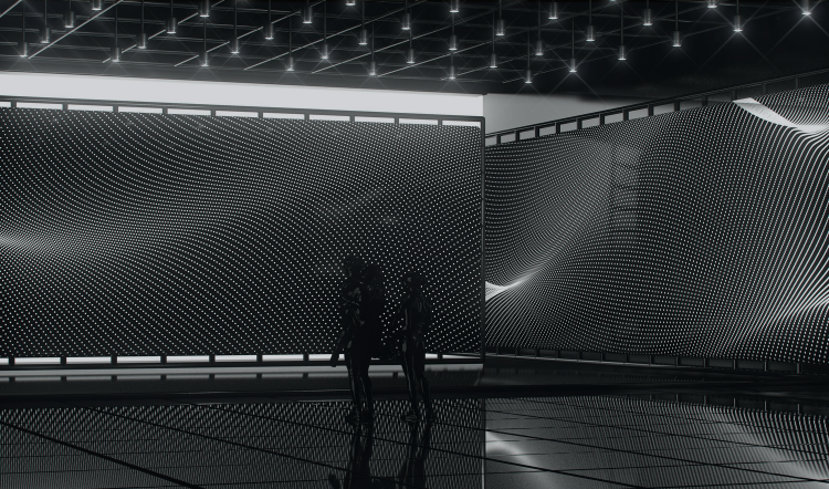 Commercial LED video wall with blue mounting frame visible during installation