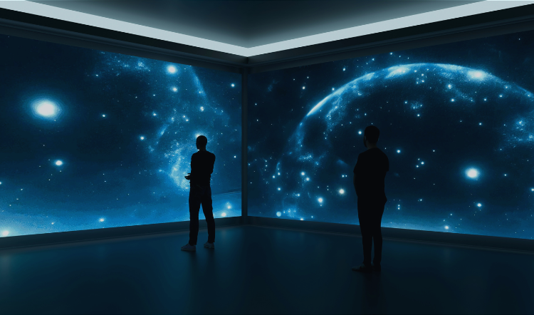 Two people reviewing an active display environment, representing a fully managed AV services operation with real-time monitoring and ongoing system support.