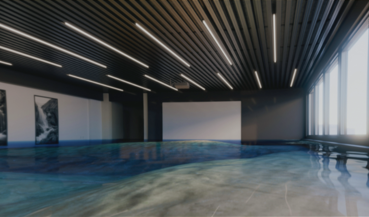 Empty large-format room with ceiling-mounted linear lighting and blank LED video wall display surface