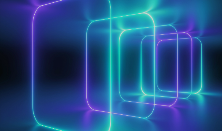 Glowing neon frames in blue, teal and purple recede into a dark tunnel, suggesting a path to what's next