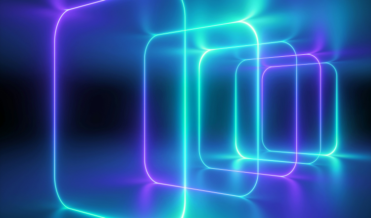 Glowing neon light frames receding into a dark blue background, representing the layered signal processing inside an LED video wall