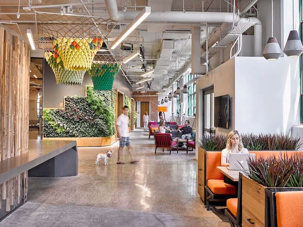 modern office design with plants and hanging paper fixtures
