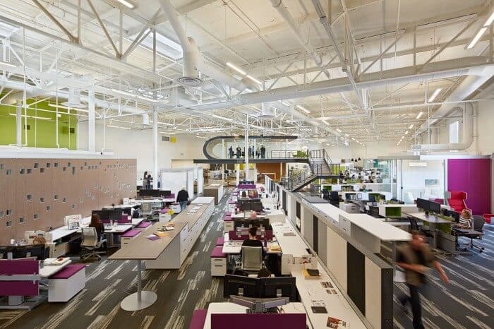 a white office with purple accents