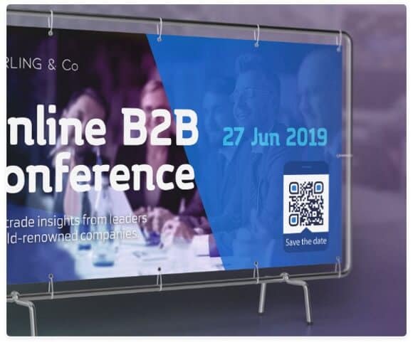 A sign advertising a conference that features a save the date QR code.