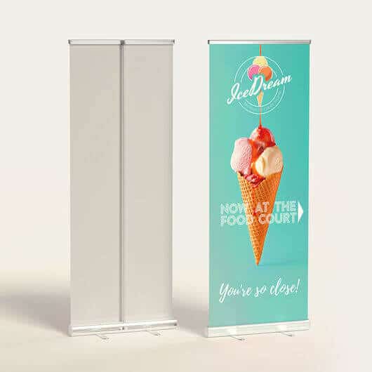 This banner has a teal background and features a single large ice cream cone in the center. 