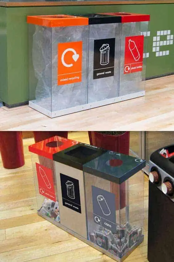 Two images of recycling stations stacked on top of each other. The top image features three clear bins that are placed side-by-side. The left bin has an orange rim and label that reads "mixed recycling". The middle bin has a black rim and label that reads "general waste". The right bin has a red rim and label that reads "plastic bottles". In the bottom image, the bin for plastic bottles is on the left, the bin for general waste is in the middle and a bin with a grey rim and label that reads "cans" is on the right.