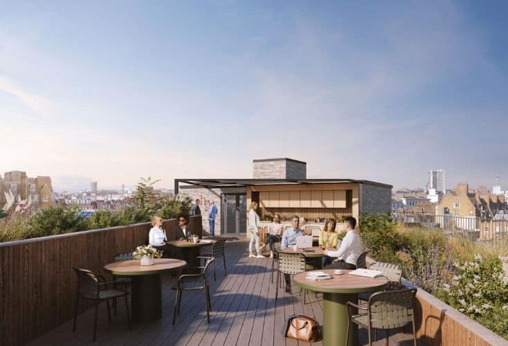 modern outdoor rooftop with tables, chairs and plants. With business people conversing. 