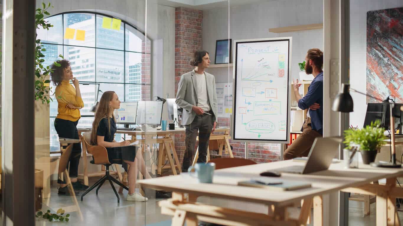 Four people looking at a digital whiteboard in an industrial-style war room with brick walls and a window overlooking a city skyline.