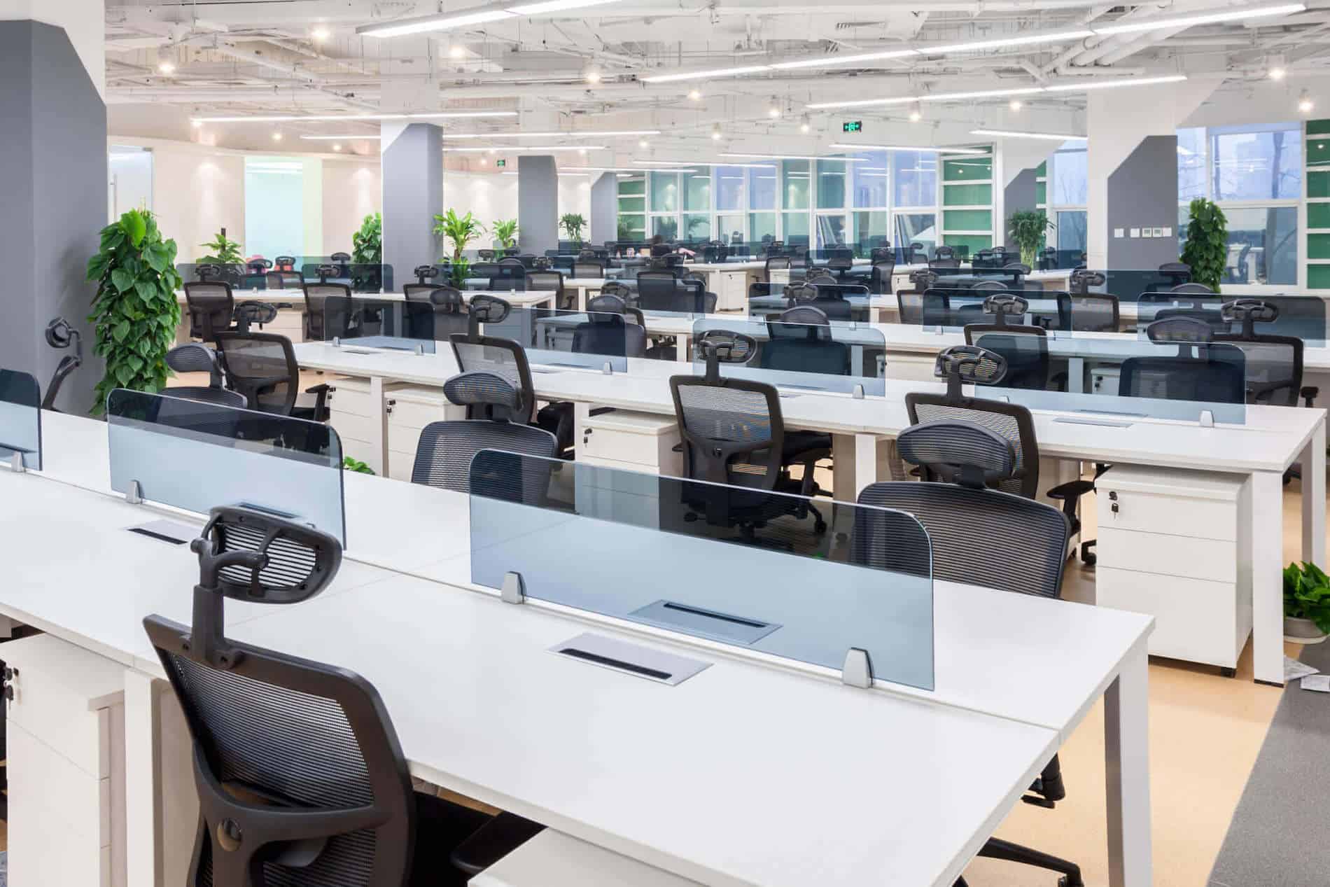 Rows of adjoining desks stretch out across a large, open space in an office building. Each work station features a rolling chair and a filing cabinet.